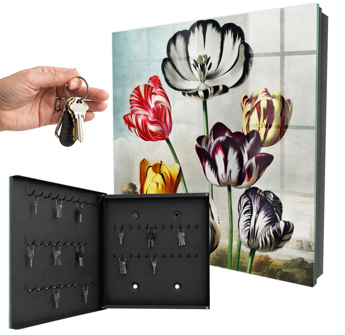 WallMuralia - Sleutelkast - 30x30x5 cm - met 50 haken - Retro Tulpen Sleutelkastje Hal - Rood Sleutelbox - Linksopenend - Zwart interieur