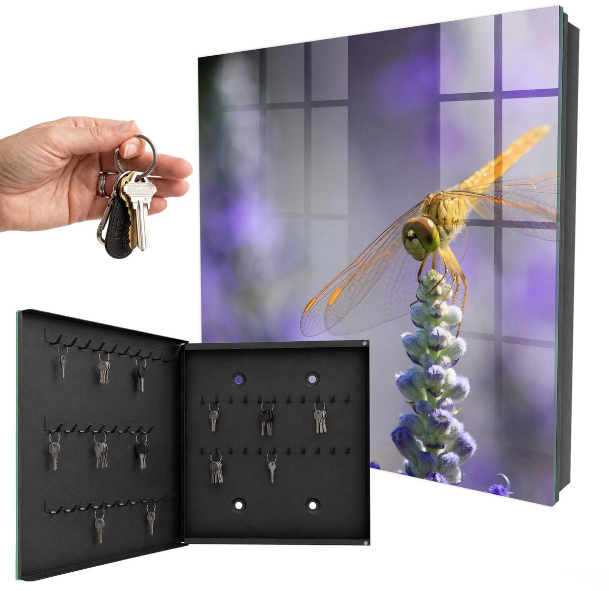 WallMuralia - Sleutelkast - 30x30x5 cm - met 50 haken - Libel Op Een Bloem Sleutelkastje Landelijk - Paars Sleutelbox - Linksopenend - Zwart interieur