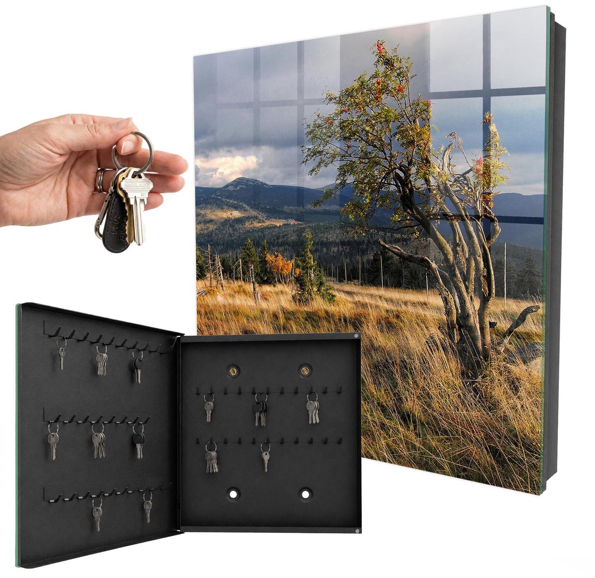 WallMuralia - Sleutelkast - 30x30x5 cm - met 50 haken - Herfstlandschap Sleutelkastje Huis - Groente Sleutelbox - Linksopenend - Zwart interieur