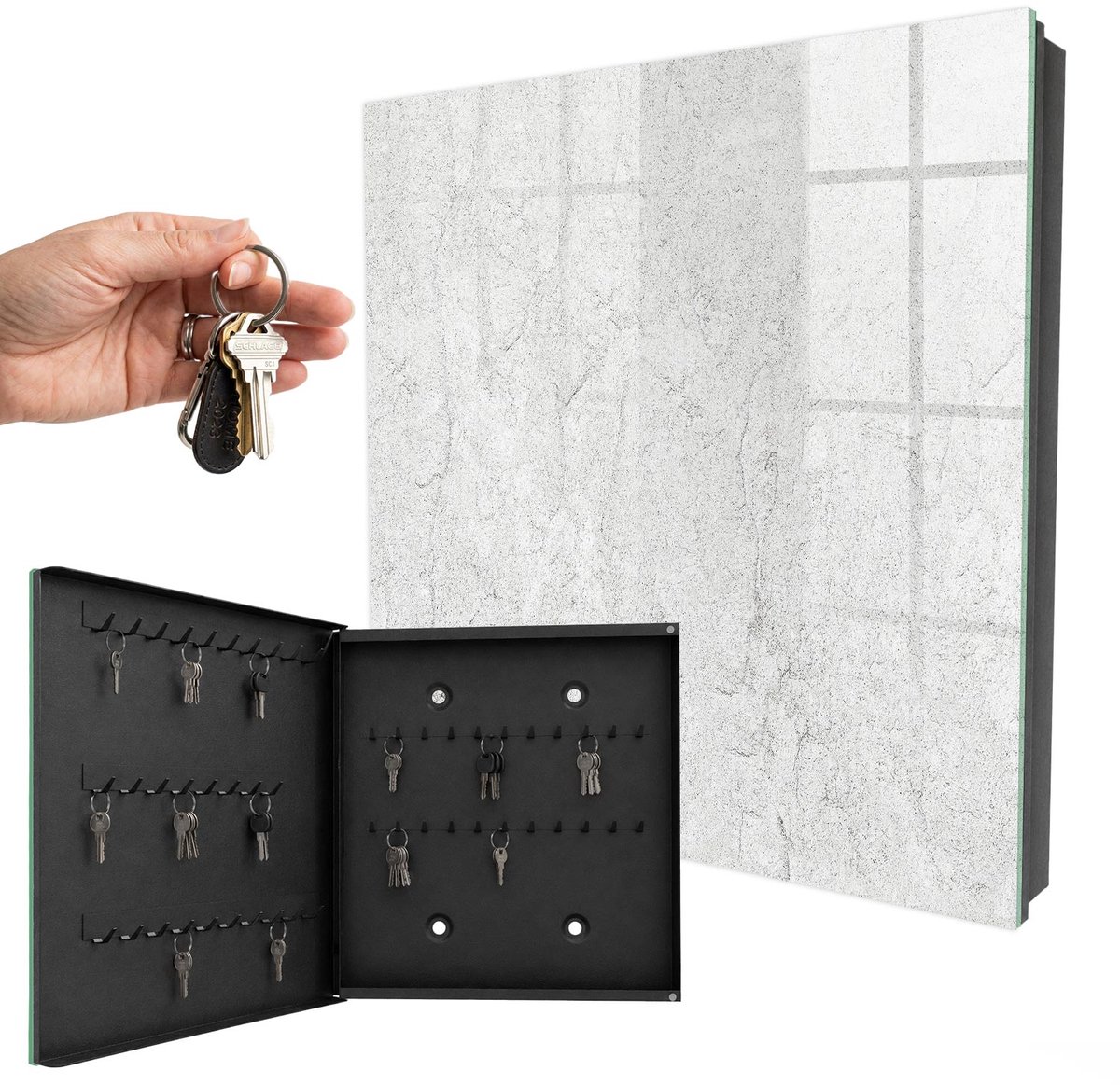 WallMuralia - Sleutelkast - 30x30x5 cm - met 50 haken - Kwetsbare Steen Sleutelkastje Muur - Wit Sleutelbox - Linksopenend - Zwart interieur