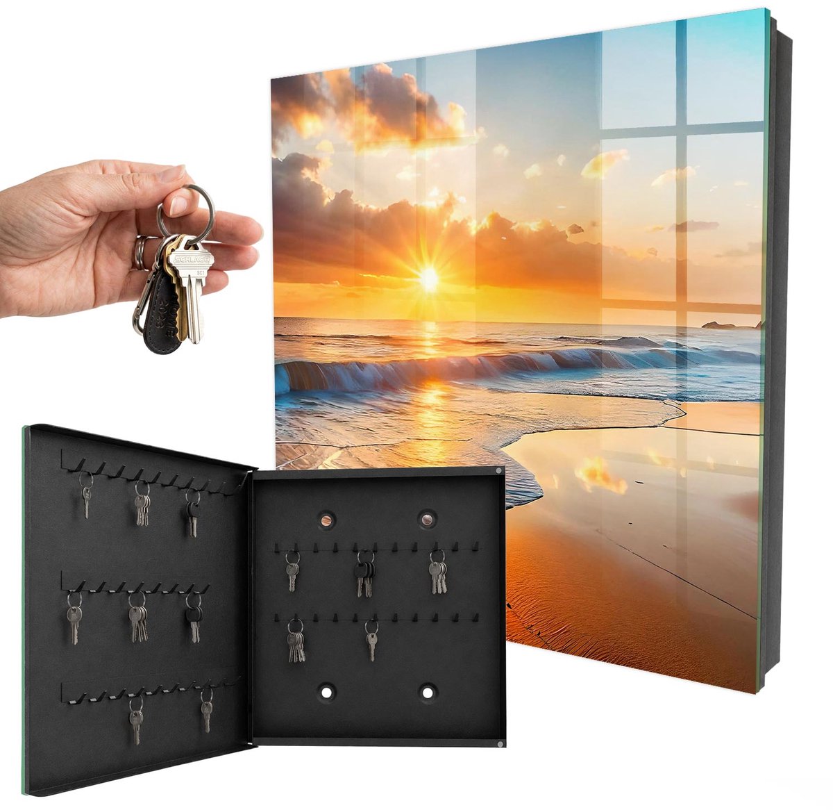 WallMuralia - Sleutelkast - 30x30x5 cm - met 50 haken - Zonsondergang Boven De Oceaan Sleutelkastje Huis - Oranje Sleutelbox - Linksopenend - Zwart interieur