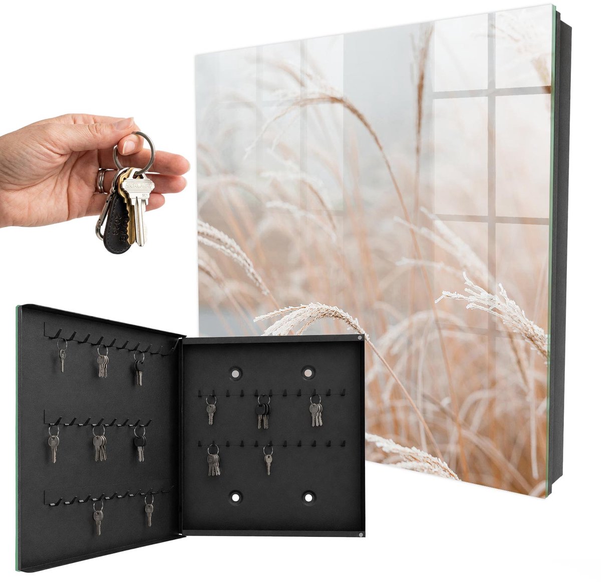 WallMuralia - Sleutelkast - 30x30x5 cm - met 50 haken - Herfstkolven Maïs Sleutelkastje Hal - Beige Sleutelbox - Linksopenend - Zwart interieur