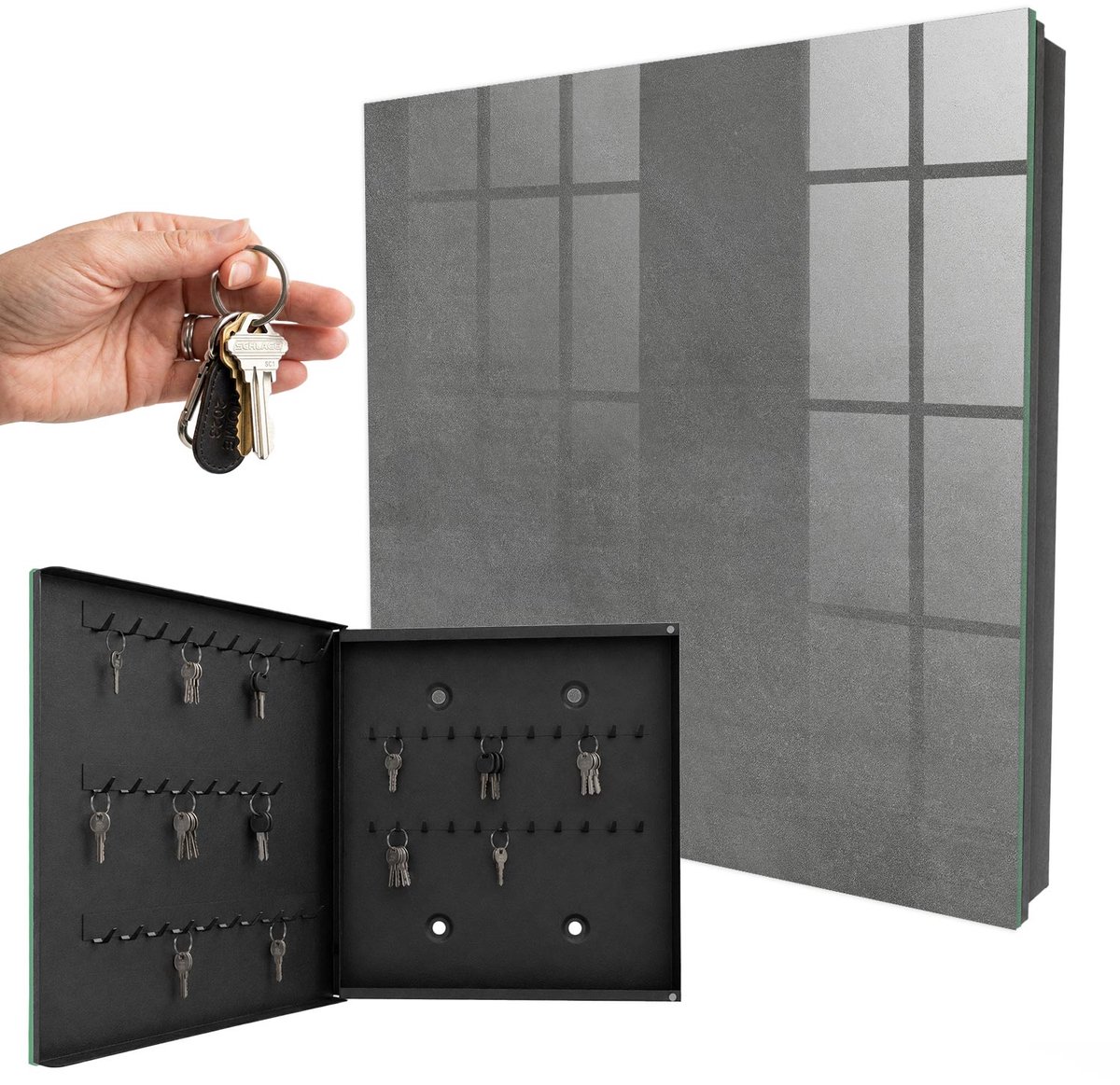 WallMuralia - Sleutelkast - 30x30x5 cm - met 50 haken - Grijze Textuur Sleutelkastje Hal - Grijs Sleutelbox - Linksopenend - Zwart interieur