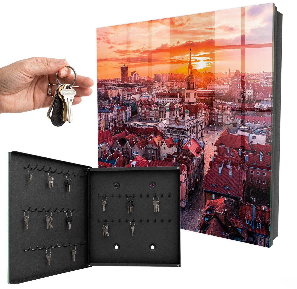 WallMuralia - Sleutelkast - 30x30x5 cm - met 50 haken - Zonsondergang Sleutelkastje Huis - Oranje Sleutelbox - Linksopenend - Zwart interieur