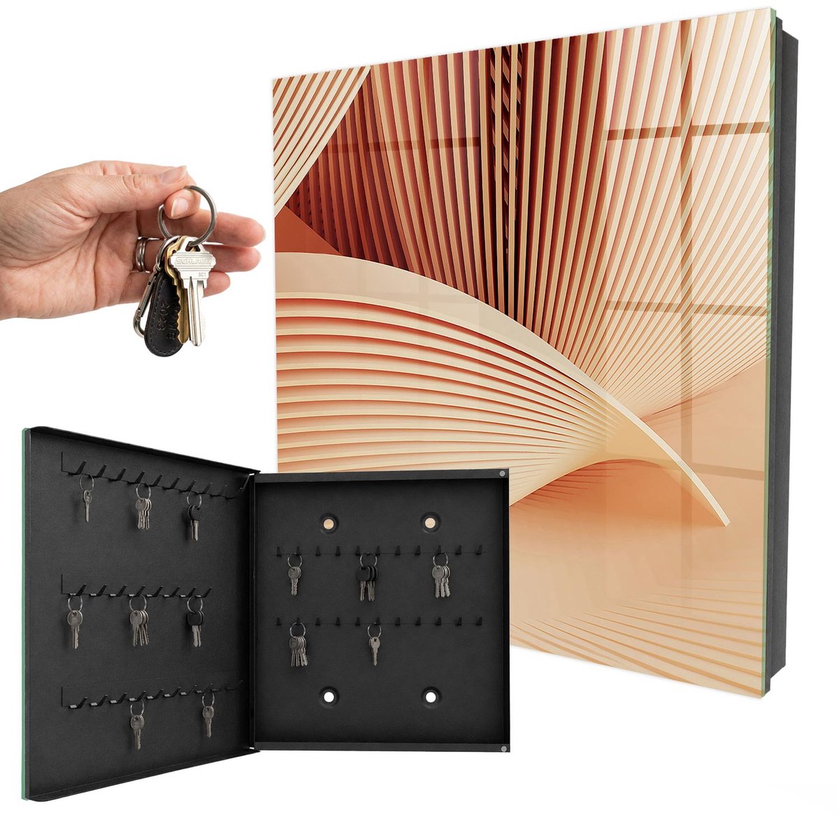 WallMuralia - Sleutelkast - 30x30x5 cm - met 50 haken - Abstracte Golven Design Sleutelkastje - Beige Sleutelbox - Linksopenend - Zwart interieur