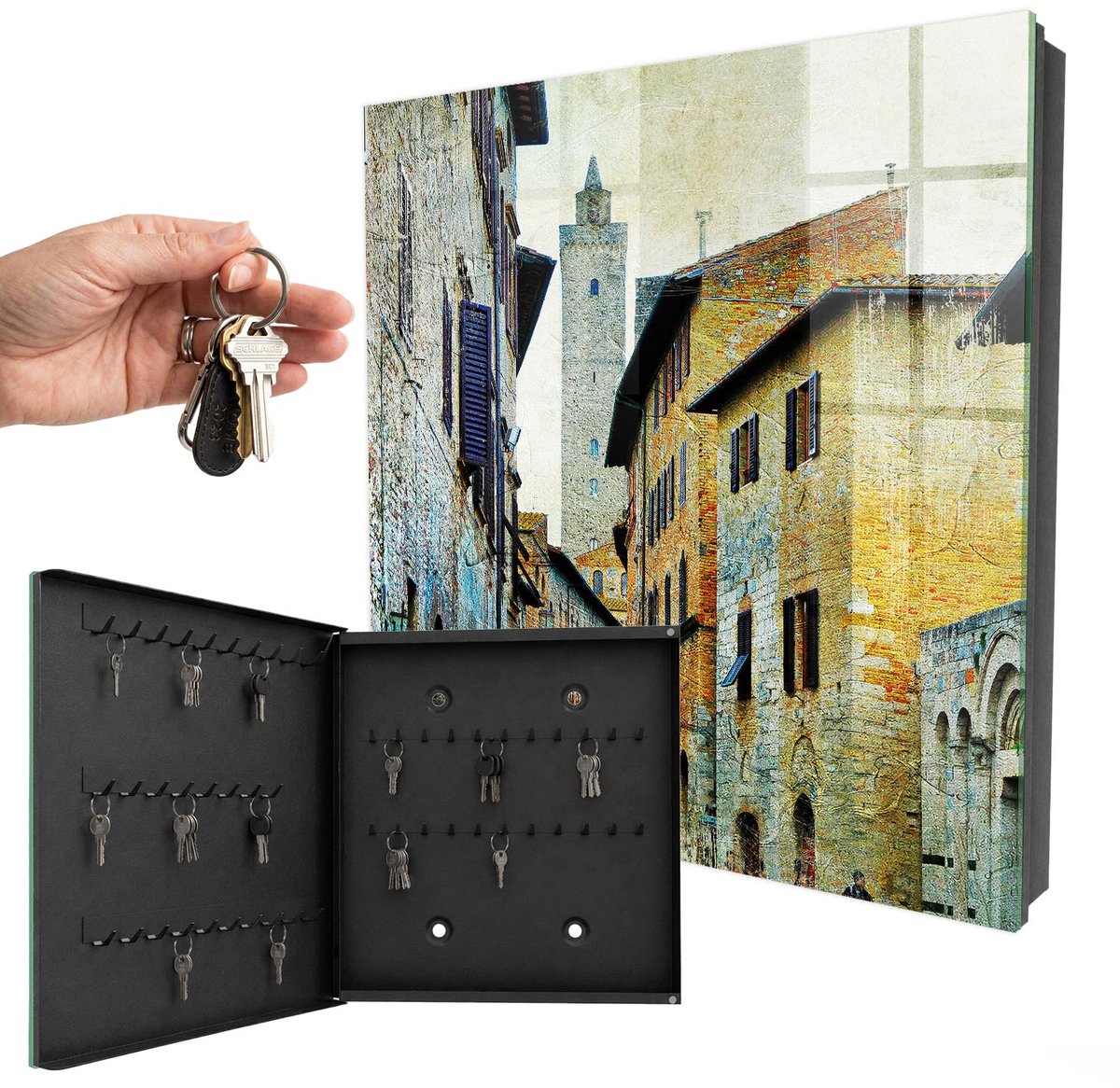 WallMuralia - Sleutelkast - 30x30x5 cm - met 50 haken - Middellandse Zeestraat Sleutelkastje Modern - Beige Sleutelbox - Linksopenend - Zwart interieur