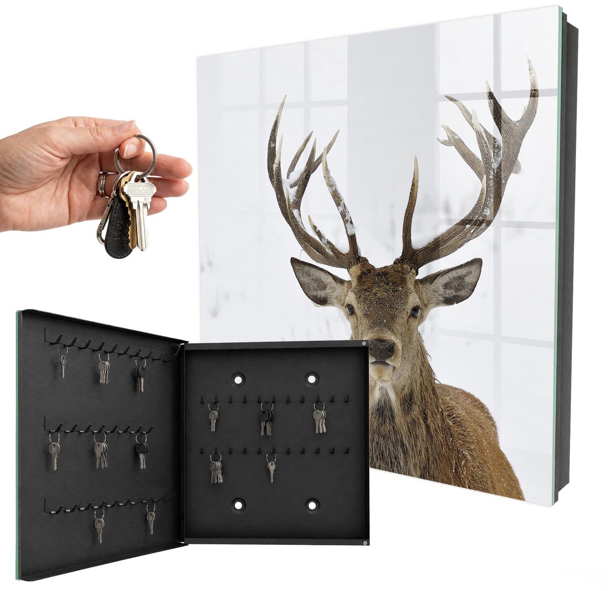 WallMuralia - Sleutelkast - 30x30x5 cm - met 50 haken - Winterhert Sleutelkastje Huis - Wit Sleutelbox - Linksopenend - Zwart interieur