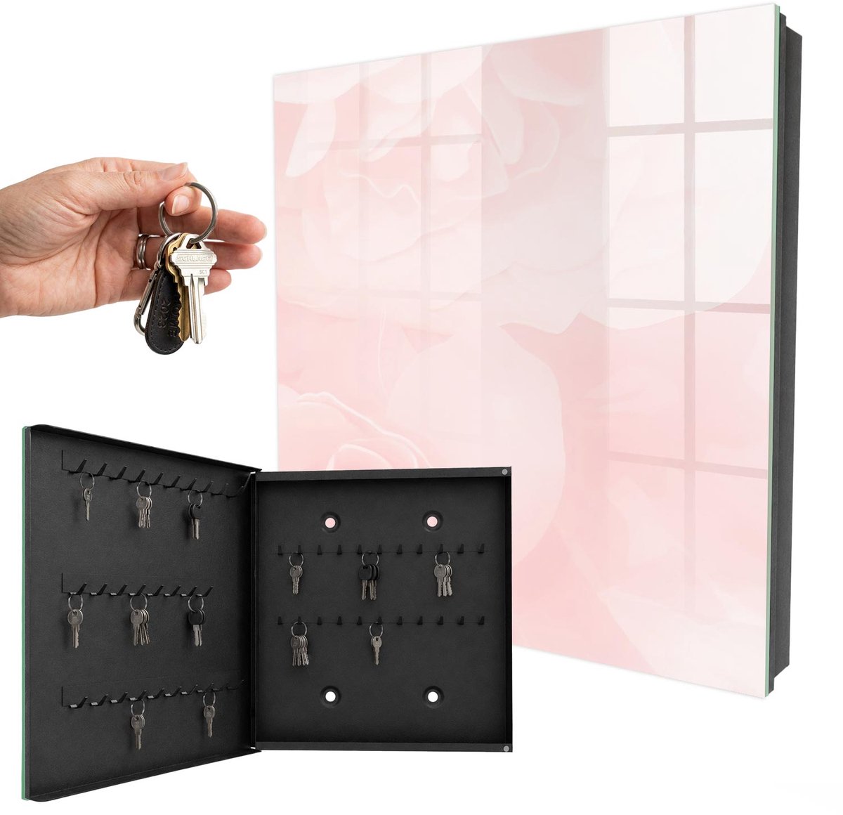 WallMuralia - Sleutelkast - 30x30x5 cm - met 50 haken - Pastel Rozen Groot Sleutelkastje - Roze Sleutelbox - Linksopenend - Zwart interieur