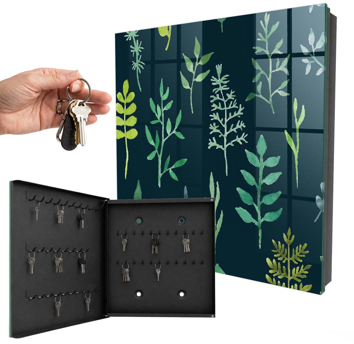 WallMuralia - Sleutelkast - 30x30x5 cm - met 50 haken - Aquarelbladeren Sleutelkastje Voor Binnen - Groente Sleutelbox - Linksopenend - Zwart interieur