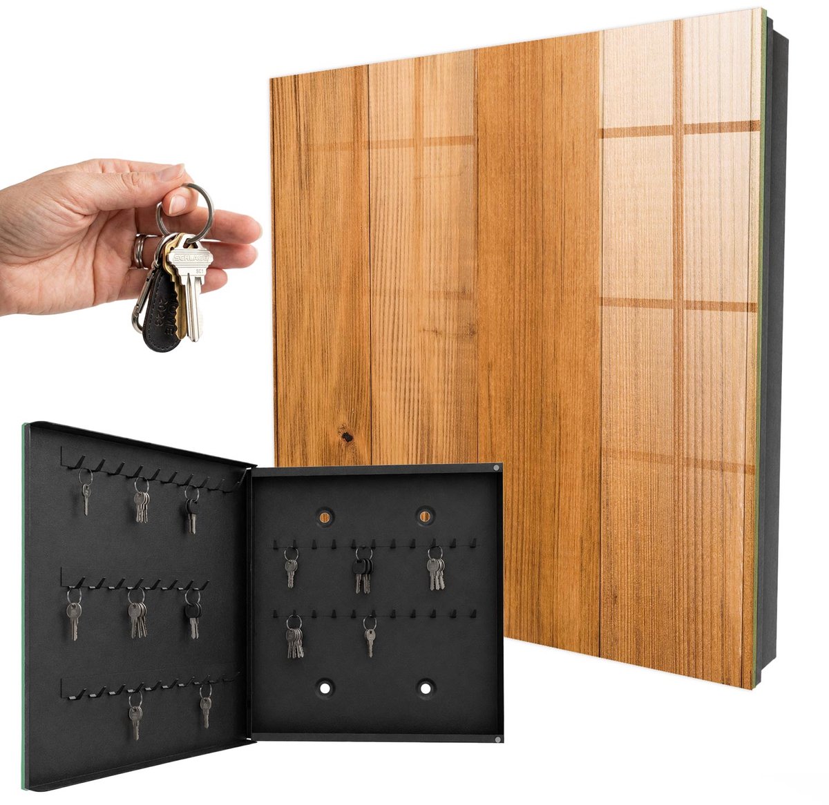 WallMuralia - Sleutelkast - 30x30x5 cm - met 50 haken - Houtstructuur Sleutelkastje Modern - Bruin Sleutelbox - Linksopenend - Zwart interieur