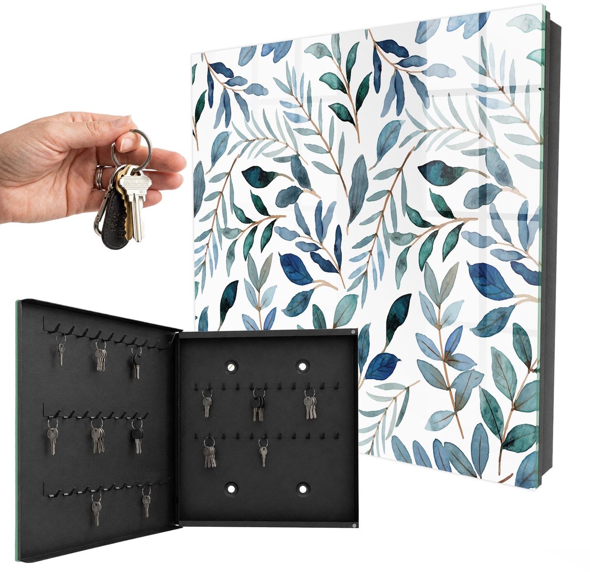 WallMuralia - Sleutelkast - 30x30x5 cm - met 50 haken - Plantaardige Aquarelverf Sleutelkastje Modern - Blauw Sleutelbox - Linksopenend - Zwart interieur
