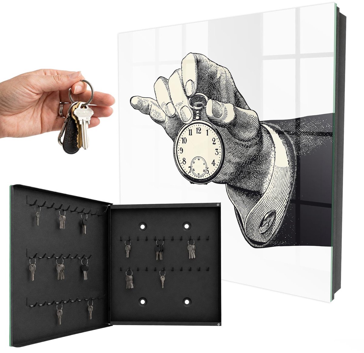 WallMuralia - Sleutelkast - 30x30x5 cm - met 50 haken - Zakklok Sleutelkastje Modern - Wit Sleutelbox - Linksopenend - Zwart interieur
