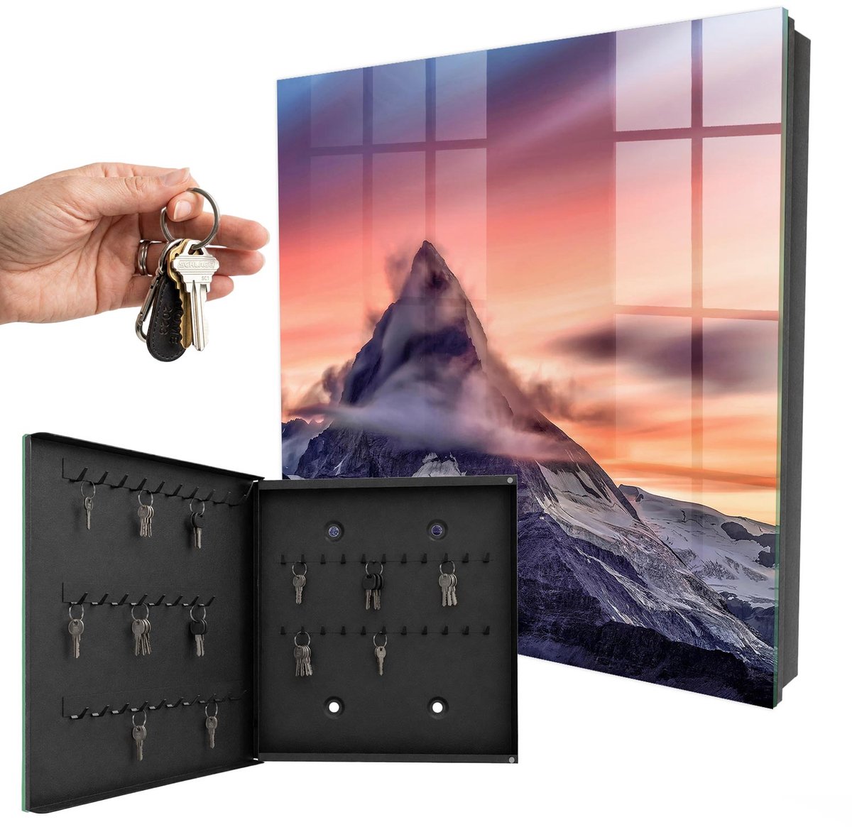 WallMuralia - Sleutelkast - 30x30x5 cm - met 50 haken - Bergmagie Sleutelkastje Muur - Paars Sleutelbox - Linksopenend - Zwart interieur