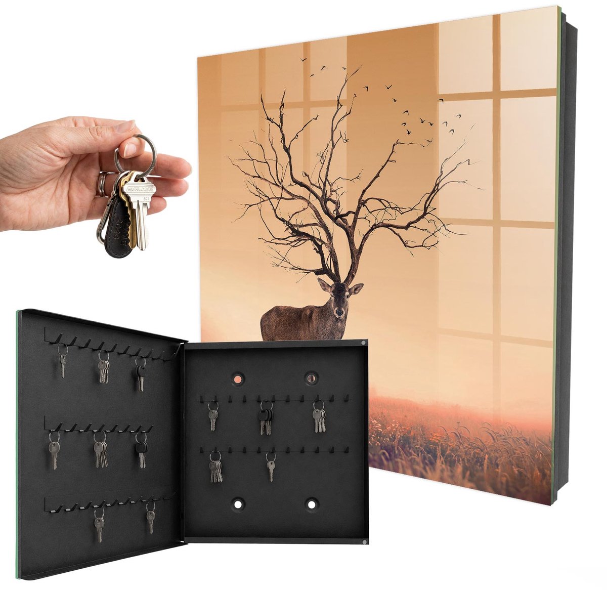 WallMuralia - Sleutelkast - 30x30x5 cm - met 50 haken - Magisch Hert Sleutelkastje Voor Binnen - Oranje Sleutelbox - Linksopenend - Zwart interieur
