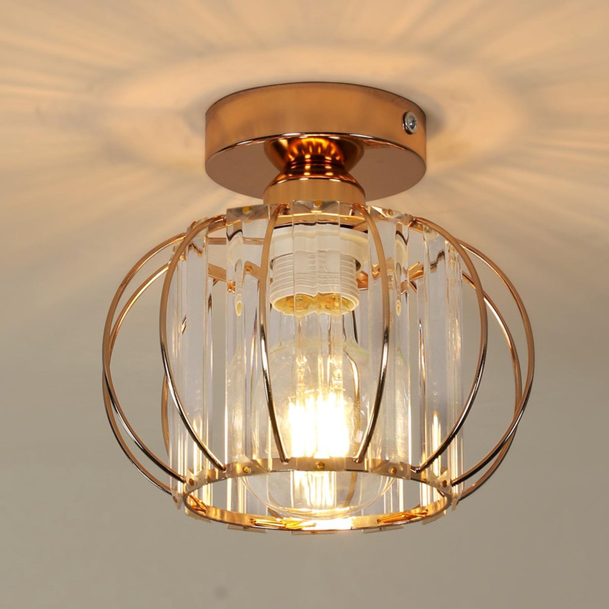 Riserva Kristallen Plafondlamp Goud - E27 Fitting - Vintage Industriële Plafondlamp van IJzer en Kristal voor Woonkamer, Slaapkamer en Hal