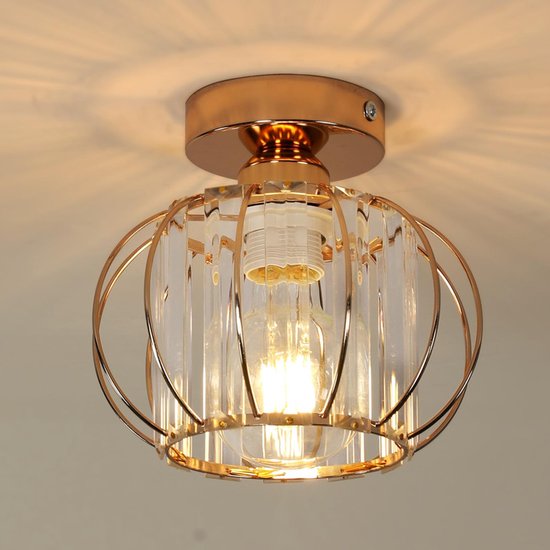 Plafonnier doré avec cage en métal et bandes de cristal transparent, douille E27, fixé au plafond.