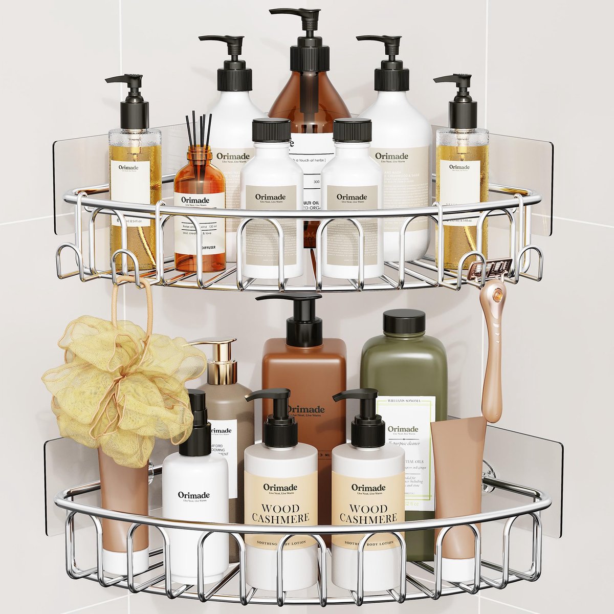 Omgoods - Zelfklevende Hoekdouche Caddy met 2 Beweegbare Haken - Wandmontage zonder Boren