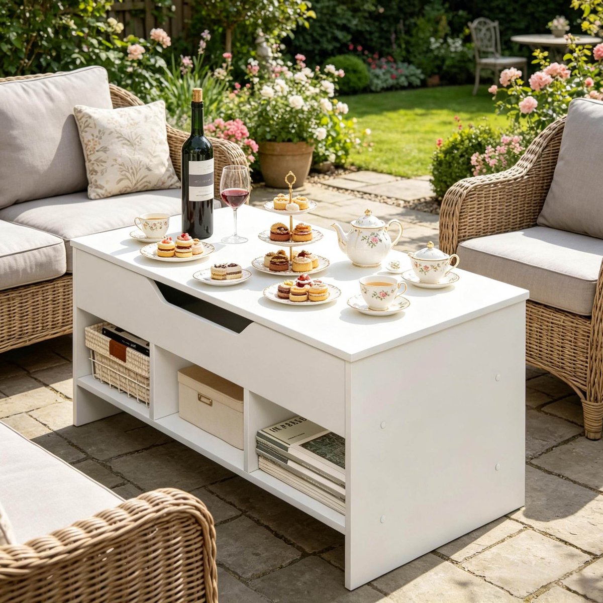 COVREO Salontafel 96 x 51 cm wit, hout met opbergruimte opklapbaar