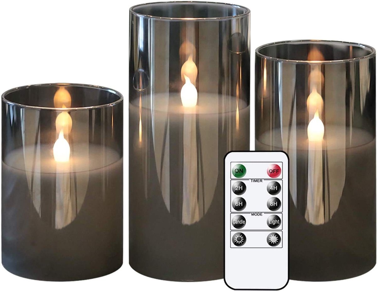 Omgoods - Grijze Batterij Aangedreven Glazen Kaarsen - Flameless LED met Afstandsbediening