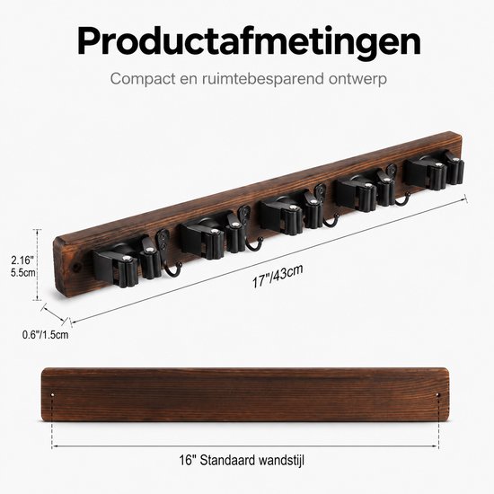BOTC Bezemhouder - Bezem Ophangsysteem Tuingereedschap - Bezemhouder met 5 Antislip Klemmen - Bruin van BOTC — afbeelding 5