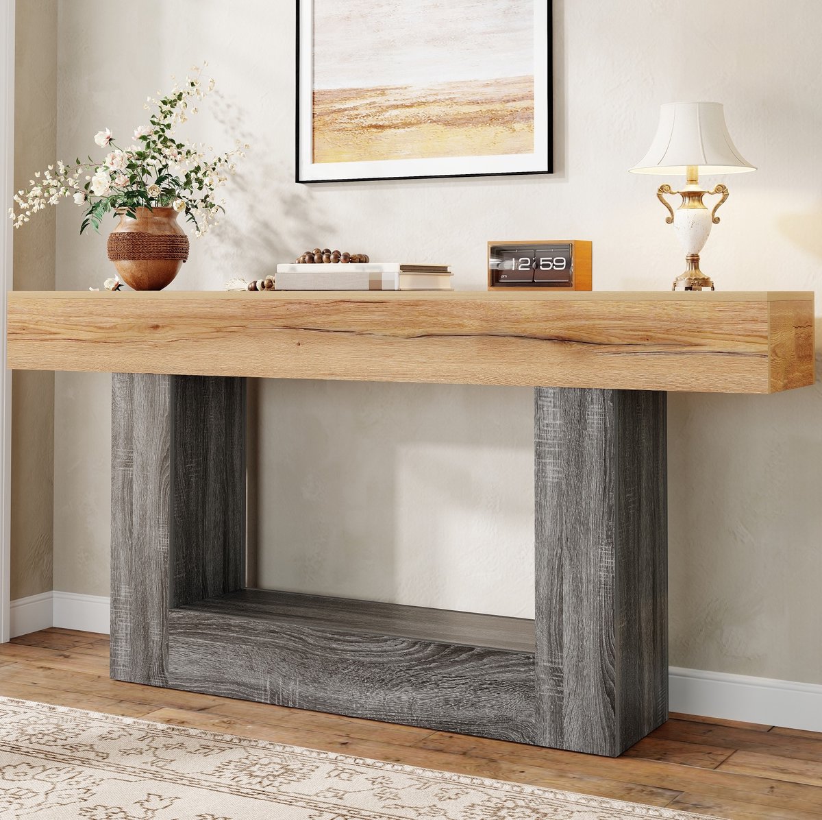 REDOM Sidetable - Dubbel opbergvlak - U-vormige steunconstructie - Open ondervak - Moderne stijl - Hal en woonkamer - Spaanplaat - Naturel en Grijs - 160 x 30 x 82,5 cm