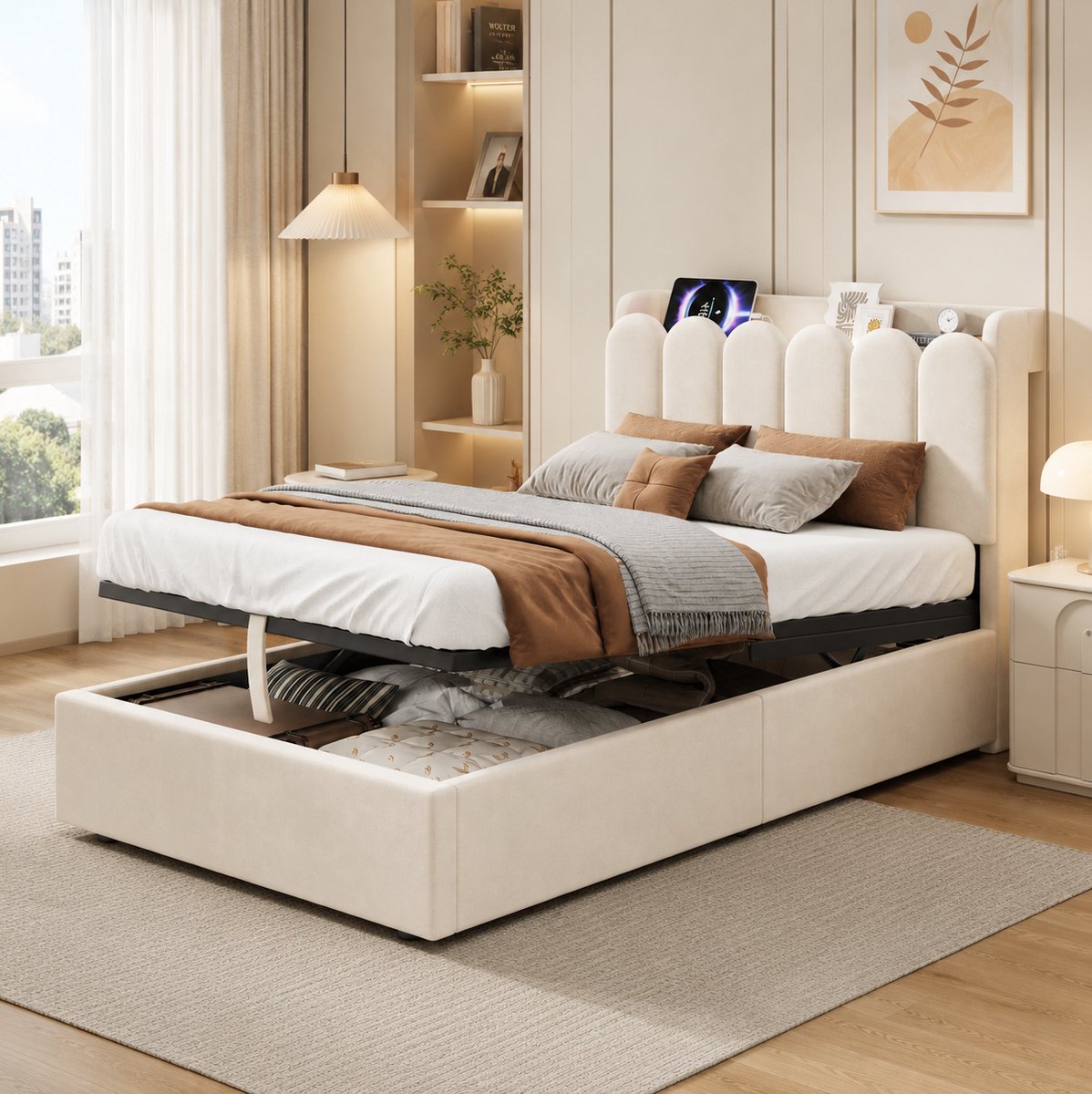 FloraGrace Gestoffeerd Bed 90 x 200 cm Zonder Matras Kinderbed Met Hydraulische Opbergruimte Lattenbodem Leeslamp USB en Type C Samt Beige