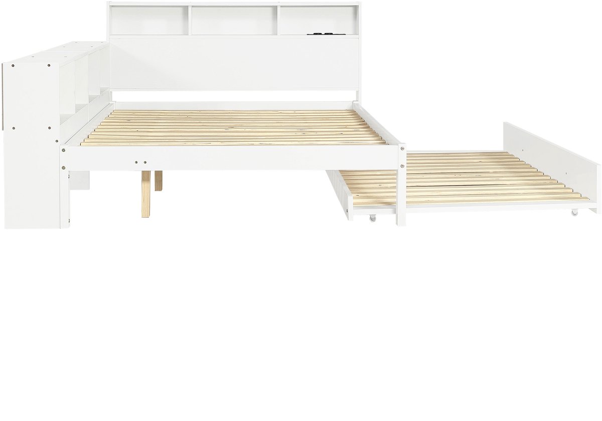 FloraGrace Bed 120x200 Cm - Bed Met Uitschuifbed 90x190 Cm En Opbergrek - Kopstuk Met Oplaadpunt - Hout - Wit - Zonder Matras