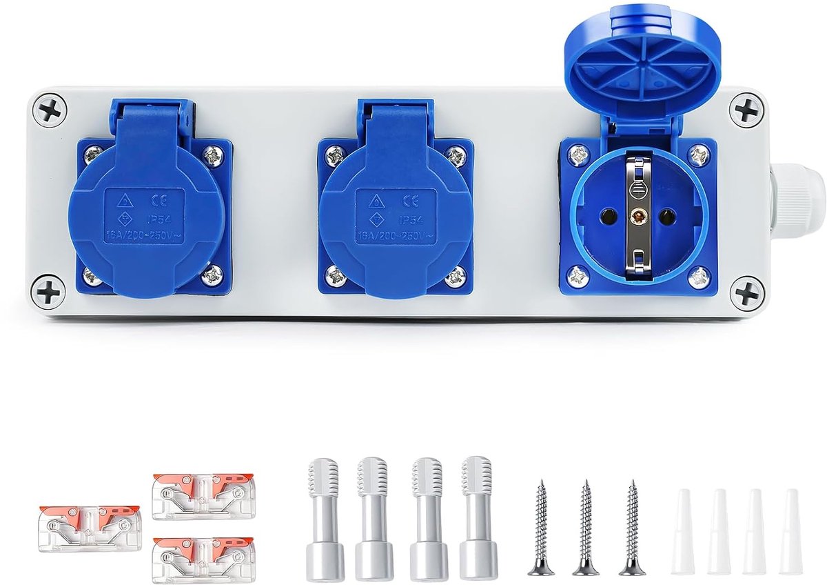 stopcontactverdeler, 3 x 220 V, bouwstroomverdeler, 16 A, beschermingsgraad IP54, wandverdeler, Schuko-stopcontacten, verdeelkast, opbouw, voor werkplaats, binnen- en buitengebruik (3-voudig