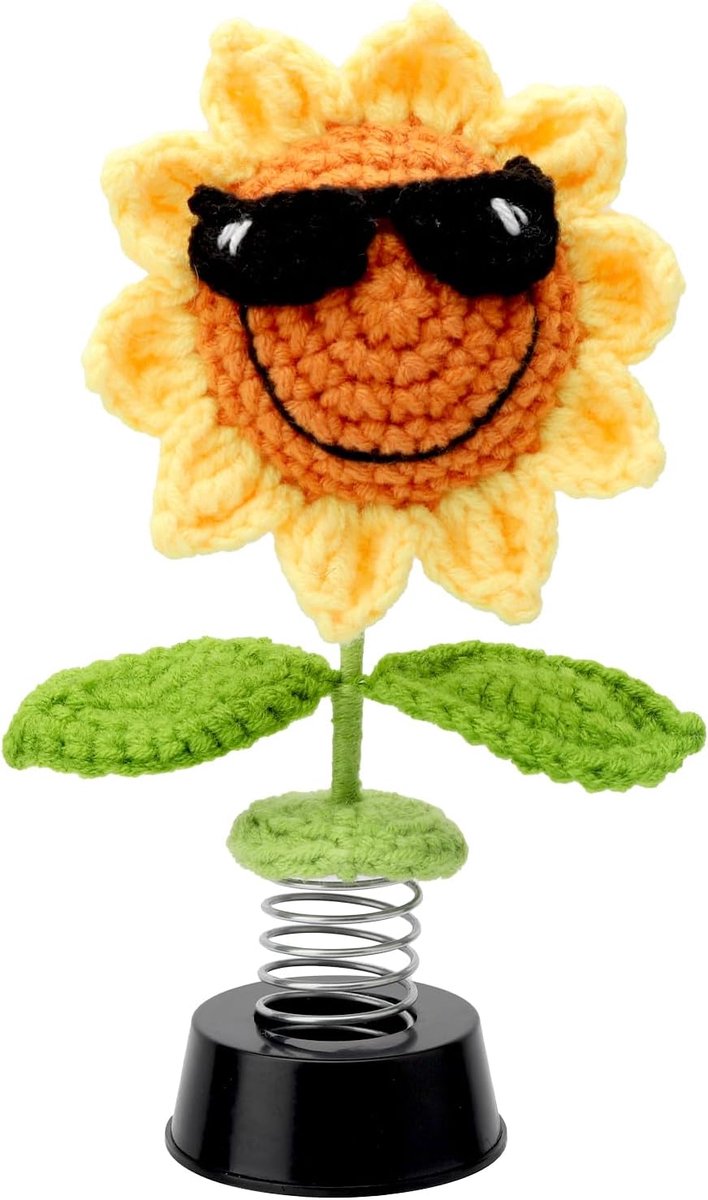 Autodecoratie, gebreide zonnebloem, thuis, kantoor, dashboard, decoratie, accessoires, wiebelfiguur, cadeau voor mannen, vrouwen, vrienden, familie, vrienden, collega's, gehaakte bloem