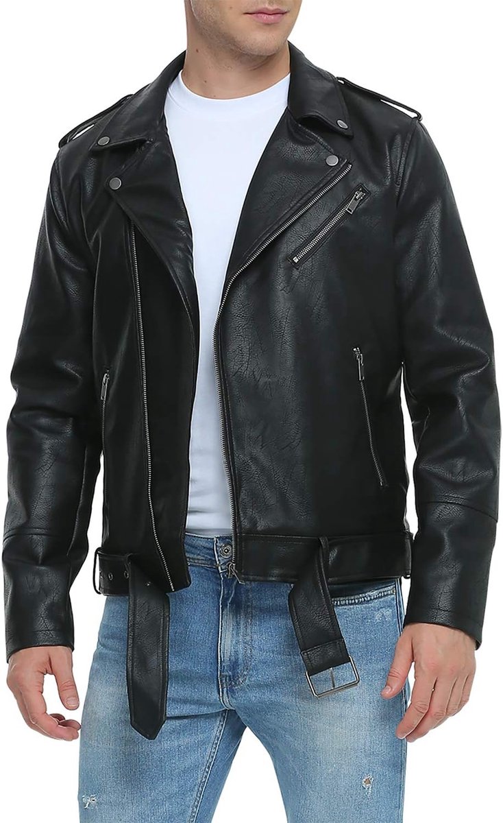 Leren jassen voor heren, faux bomberjack heren motorfiets revers asymmetrische rits riem slim fit bikerjas