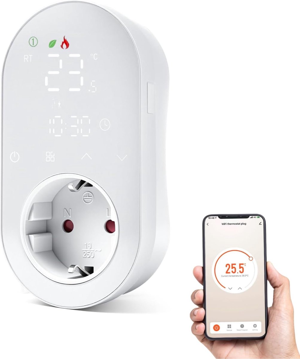stopcontact, 220 V, 16 A, programmeerbare temperatuurregelaar met verwarmings- en koelmodus, digitale led-stopcontactthermostaat, compatibel met Smart Life/Alexa/Google