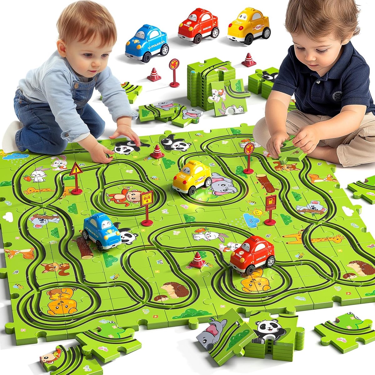 64-delige puzzelspooren voor kinderen van 3-6 jaar | Doe-het-zelf-racebaan, 3 glijbanen, dierenthema, verjaardagscadeau voor jongens, meisjes, peuters, 5-8 jaar