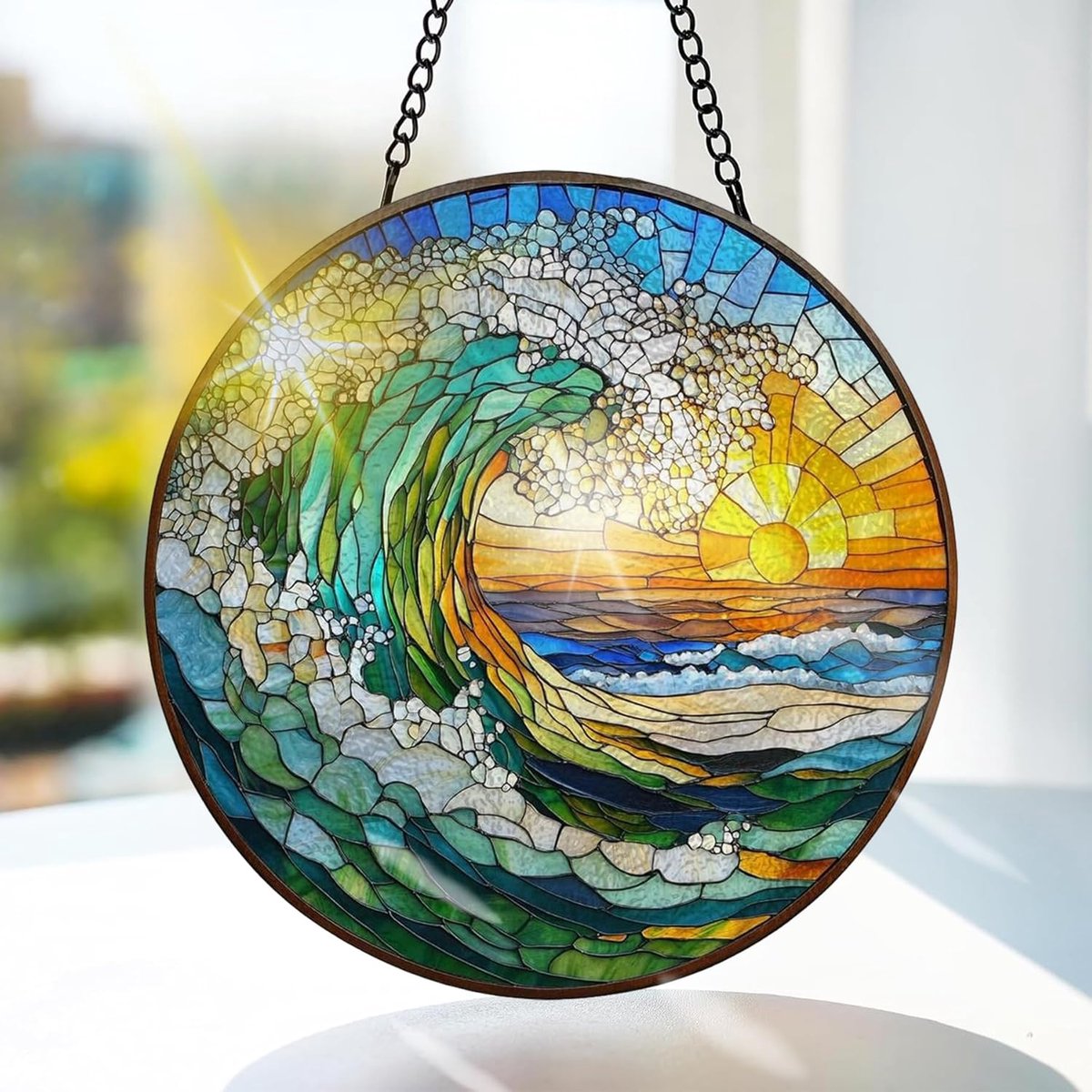 Zonnegolf Gekleurd Glas Hangend - Landschappen Hangende Raamdecoratie - voor Tuin, Raam en Deur, Kerst, Handgemaakte Suncatcher Decoratie 20x20 cm
