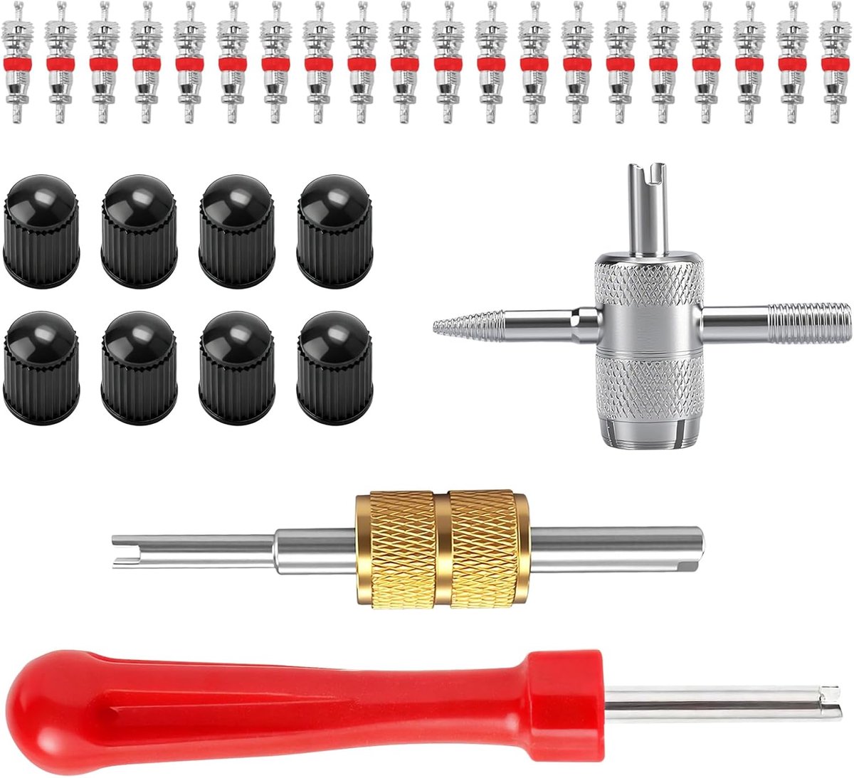 33 stuks ventielkern reparatiegereedschap, bandenventielverwijderaar, autobandventiel reparatieset, autoventieluitdraaier met dubbele en enkele kop ventielkern, autoventiel, sleutelset voor auto