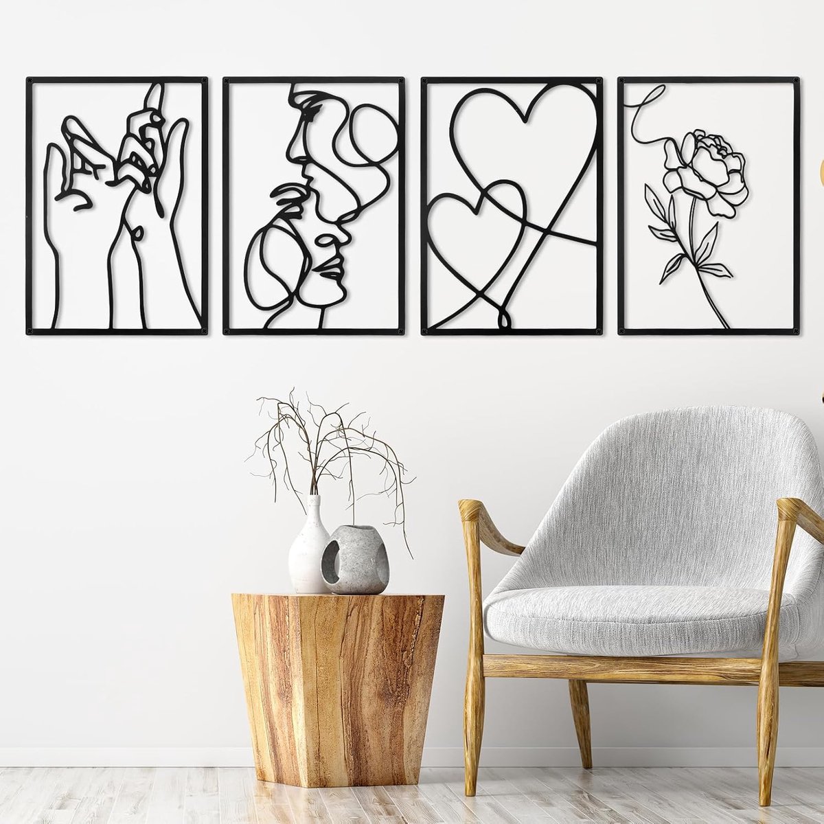 4 stuks metalen afbeeldingen, wanddecoratie voor woonkamer, wanddecoratie, metaal, wanddecoratie, boho-decoratie, kus, hand, esthetisch, om op te hangen, voor slaapkamer