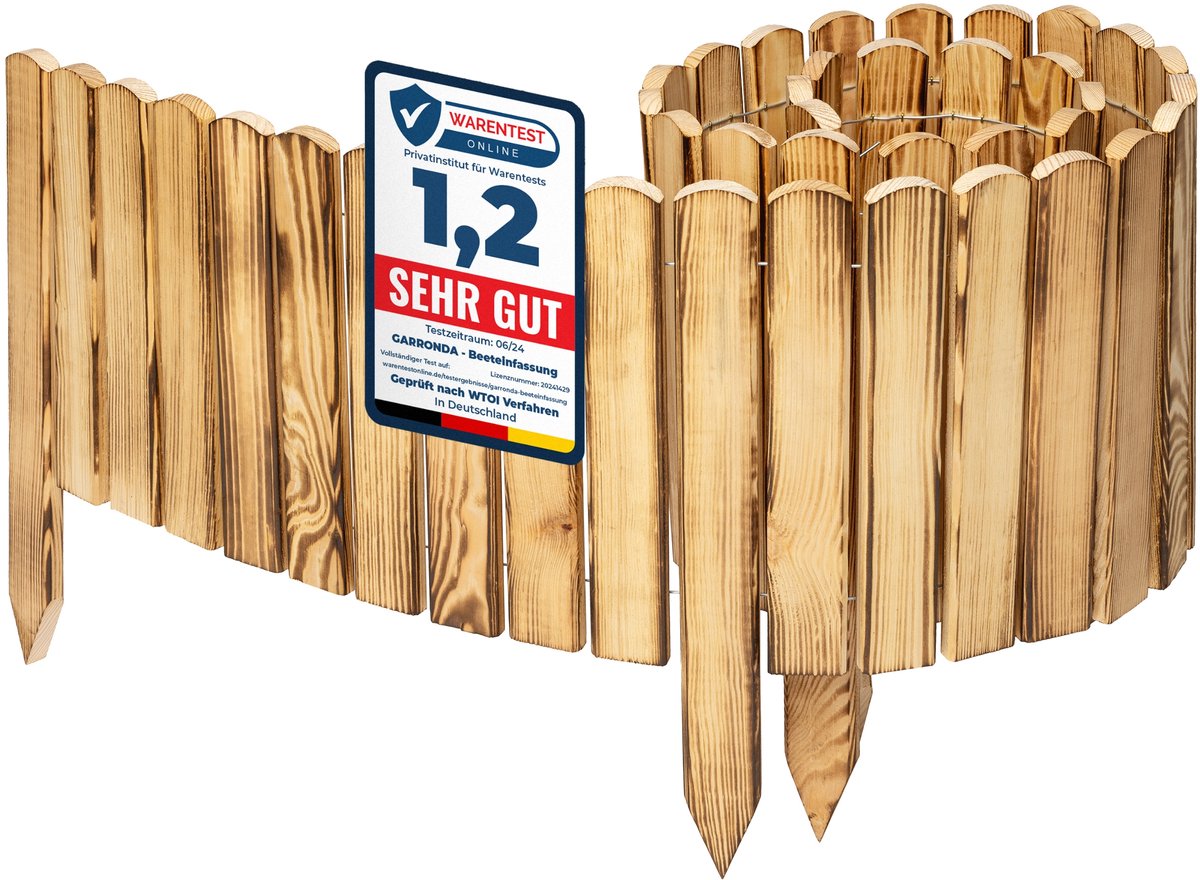 Garronda Rollborder - Flexibele houten - Gazonafscheiding - Palissade padenafscheiding - kan worden ingekort - Gebrand (niet geïmpregneerd) - Hoogte: 30 cm, hekje 200 cm