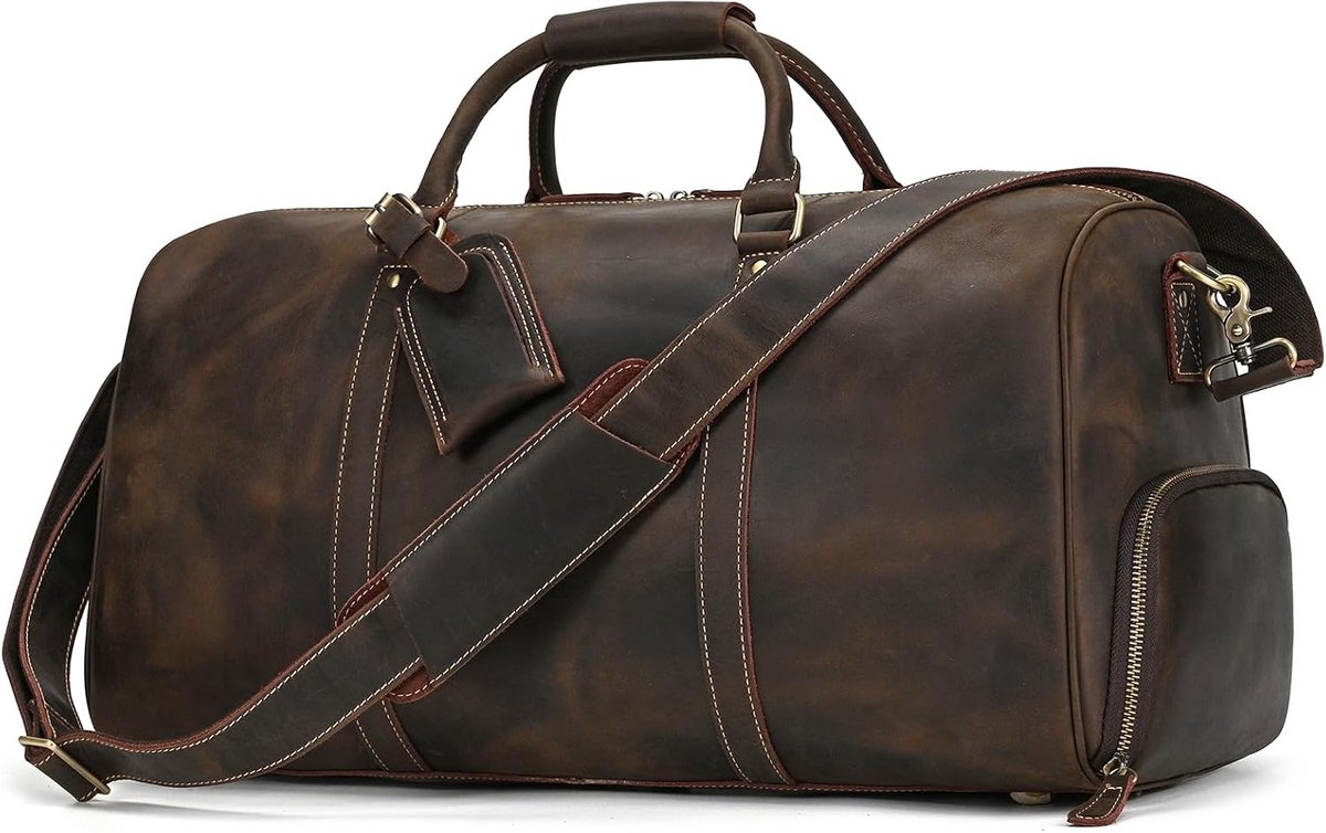 SnelShoppen - Vintage reistas heren leer weekender duffel bag grote bagage 55 cm echt rundleer retro stijl voor weekendjes weg, vakantie en reizen
