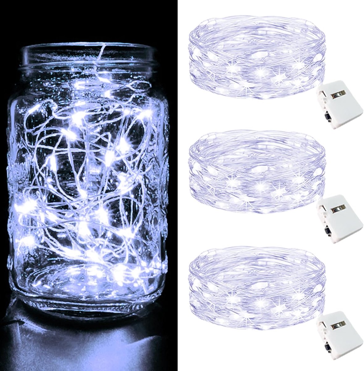 SnelShoppen - 3-delige LED Fairy Lights met Batterij, 2M Mini String Lights met 20 LED's, 3 Modus (Koud Wit) voor Feest, Kerst, DIY, Bruiloft, Binnen