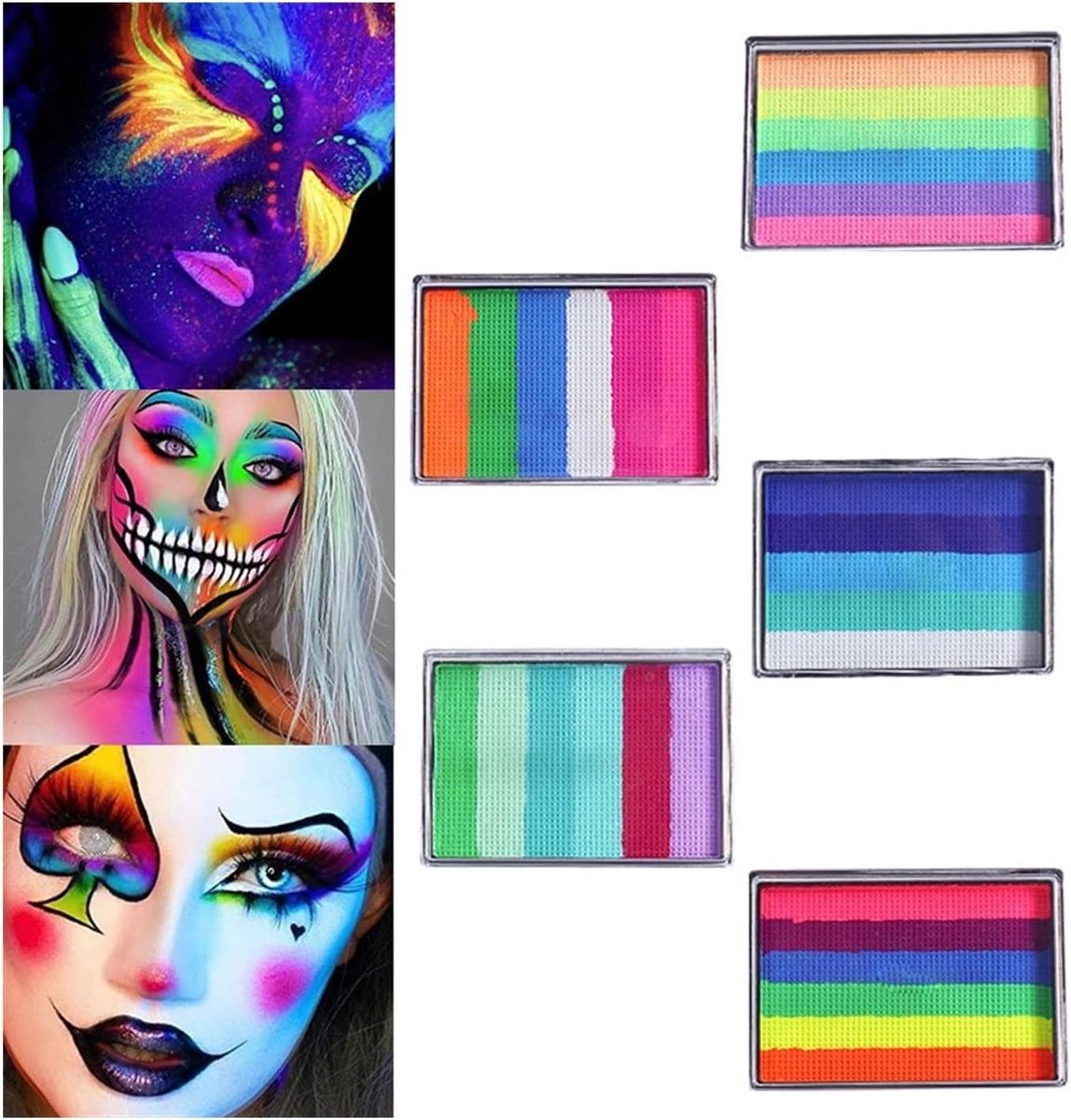 Schminkset 5 stuks - Make-up verf Gezichtskleuren - Feestelijke Make-up - Op waterbasis - 6 kleuren - Regenboogstrip