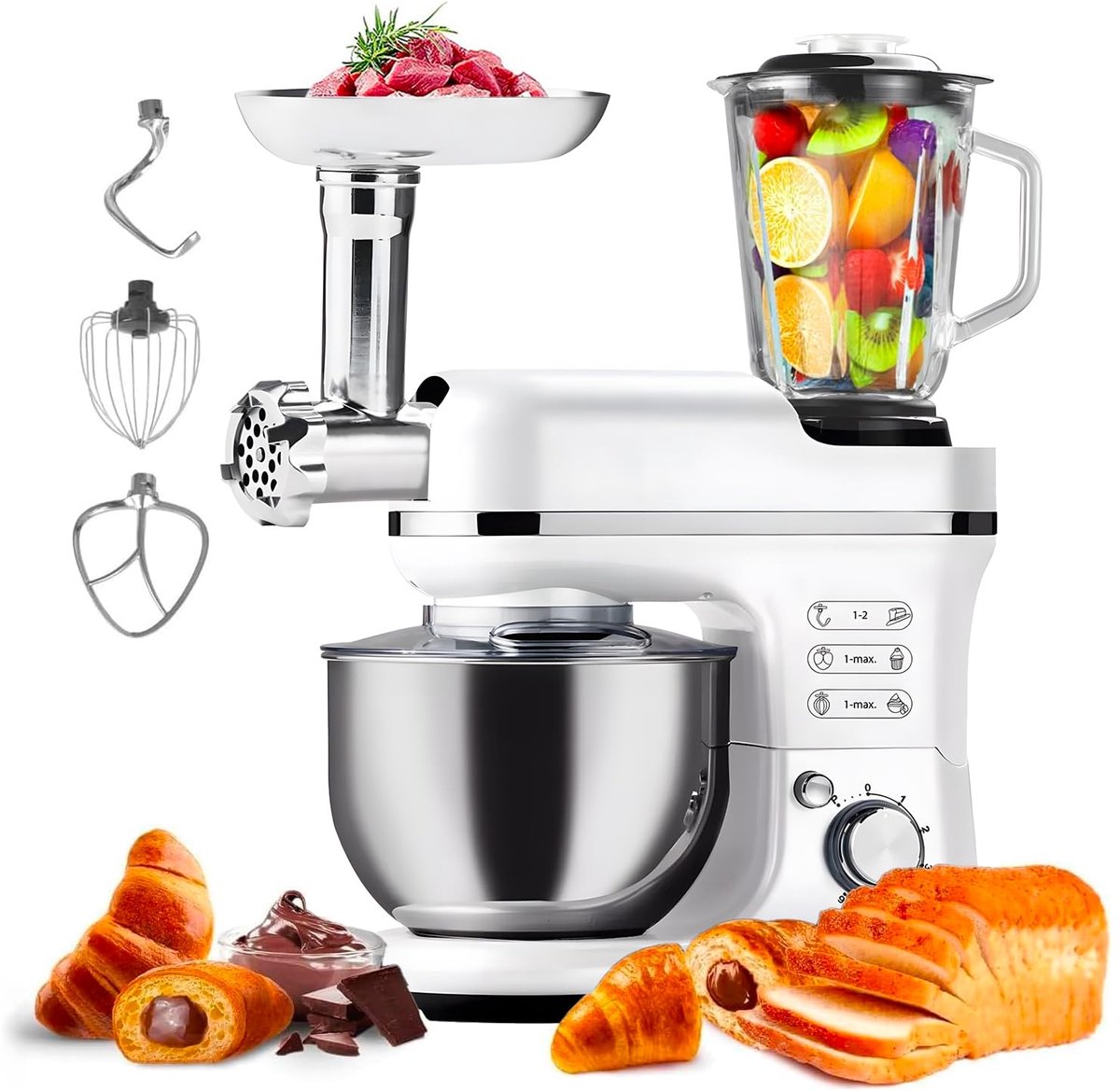 SnelShoppen - Avilia Planetaire Keukenmachine 6,5 L met Vleesmolenset en Roestvrijstalen Mixer, 1900 W, 360 Graden Roeren, 6 Snelheden voor Perfect De