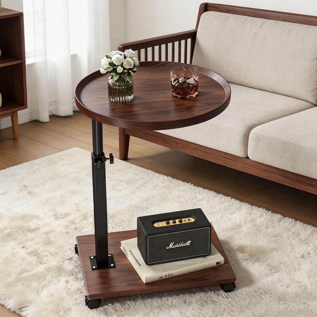 Mobiele bijzettafel C-vorm - Hoogte verstelbaar 45-80 cm - Houten tafel met wielen - Ideaal voor in de woonkamer - ShopVlot