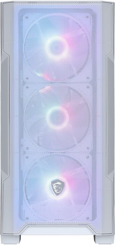 Voorkant van een witte pc-behuizing met een gaasfront, drie RGB-ventilatoren en een MSI-logo.