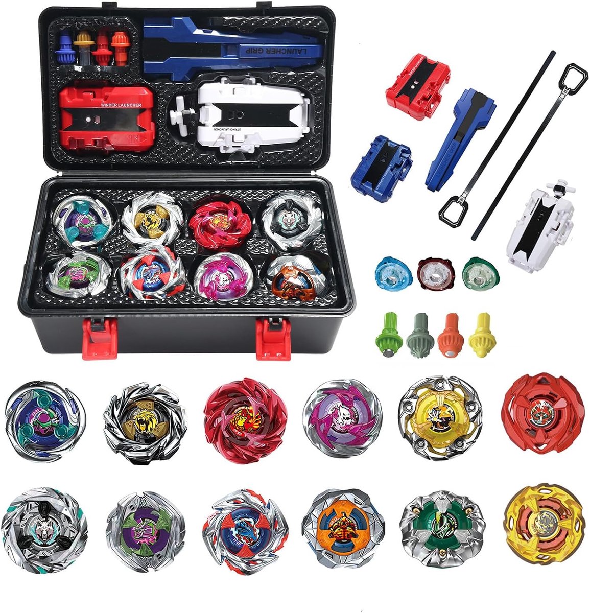 12 Battle Spinning Tops, 3 Launchers, 1 Handvat, 3 Middenringen en 4 Bases, Verjaardagscadeau, 168-3