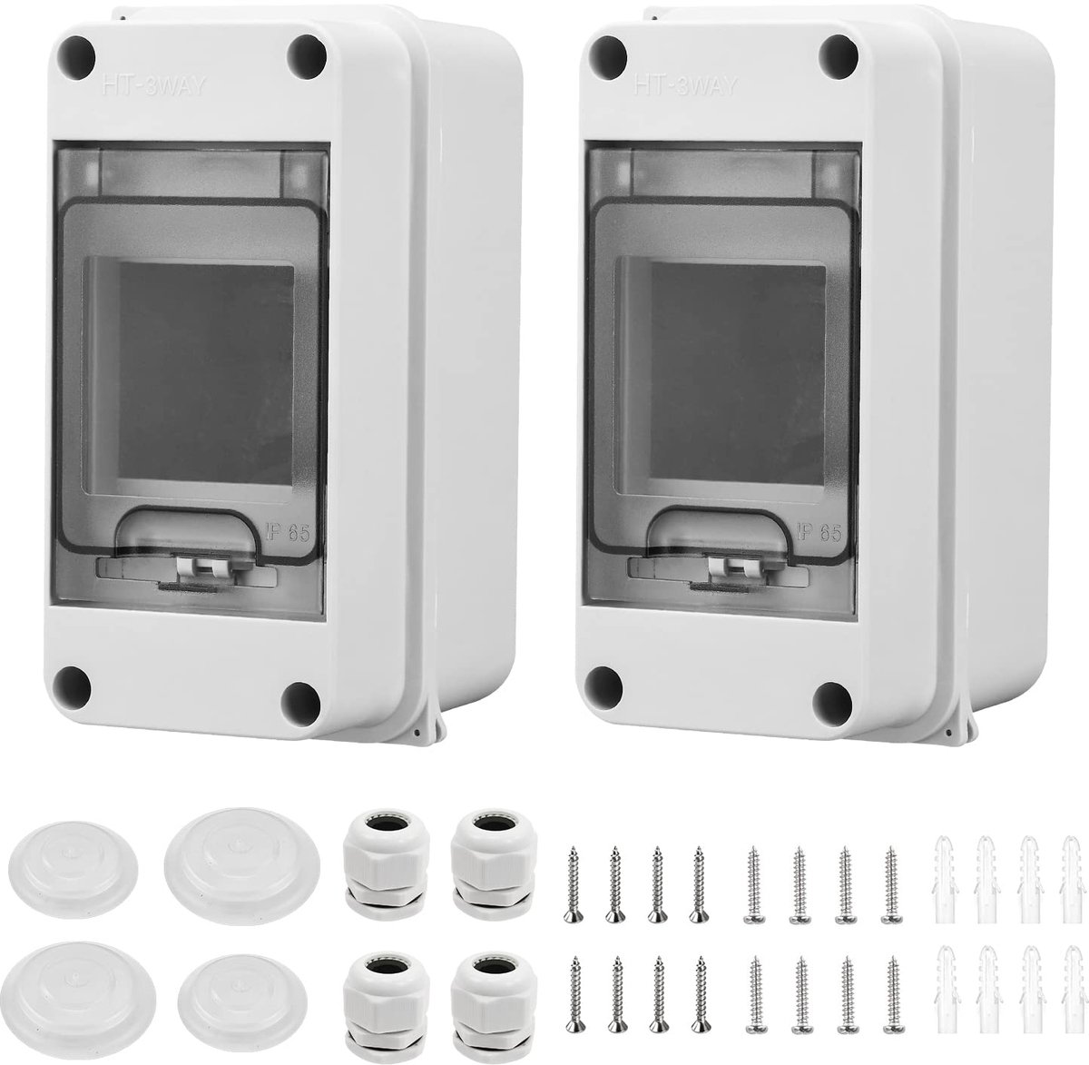2 stuks elektrische behuizing voor buiten, klein, 3 modules, waterdichte box IP65, met 2 aansluitingen, voor buiten, tuin, laadstations, industriële locaties