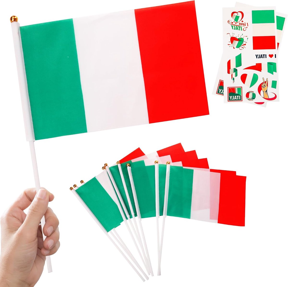 10 stuks kleine Italiaanse vlaggen op stokjes & 2 stuks tatoeages, Italië Oly 2024 decoraties, mini Italiaanse vlaggen voor Oly Games 2024 voetbalsportevenementen, nationale feestdagdecoraties