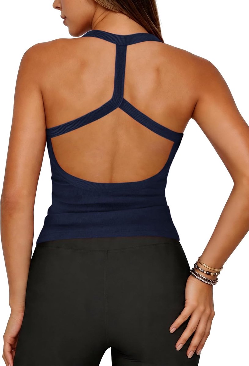 Tanktop voor dames, sexy haltertop, crop-top, racerback, rugvrij, bovenstuk, basic ribgebreid shirt, mouwloos, zomer, top, slim fit, stretch, camisole, casual tanktop voor sport, yoga, party