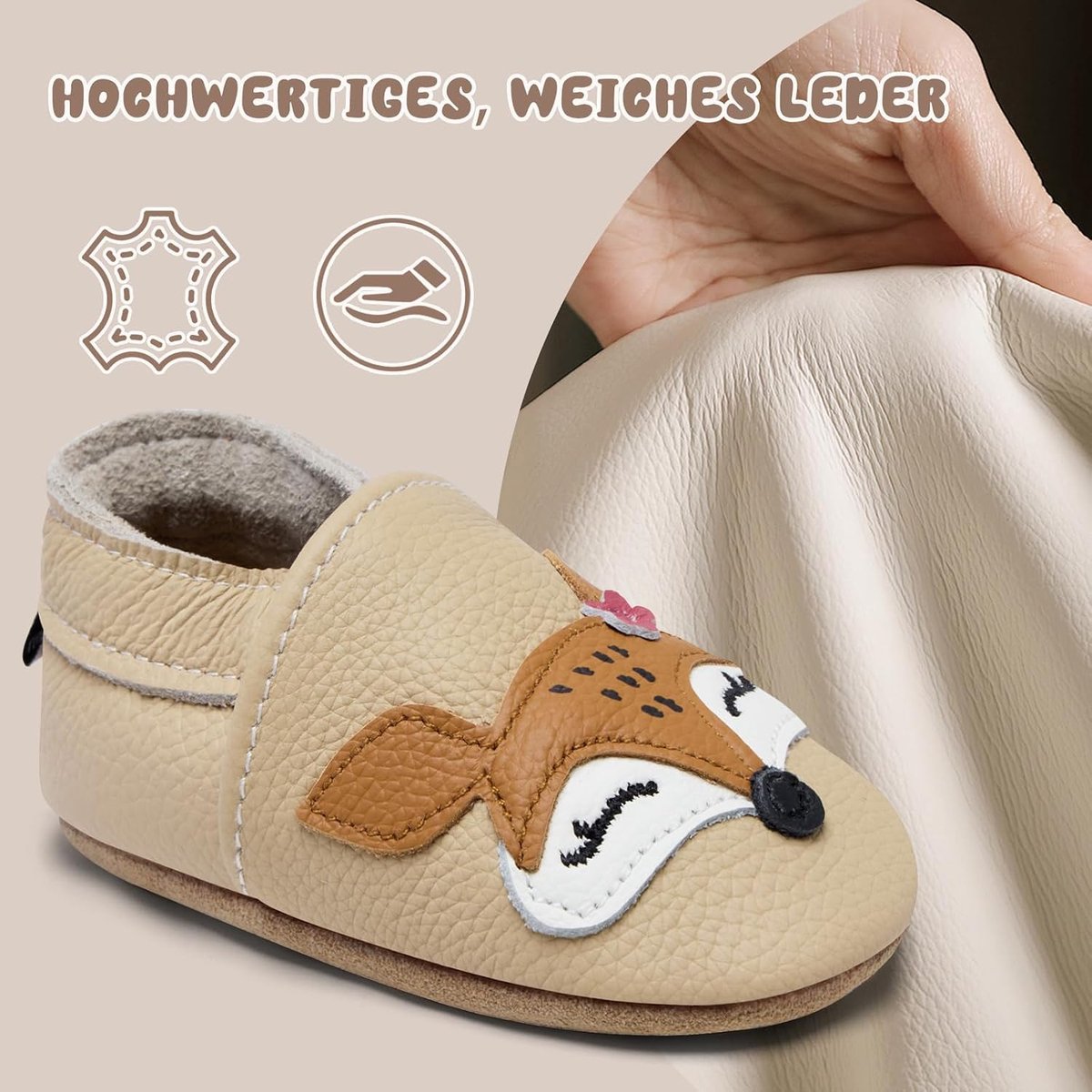 Kruipschoenen Baby Slofjes Eerste Babyschoentjes Jongens Meisjes Zacht Leer Zooltjes Babyslofjes(Beige Vos, 12-18 maanden)