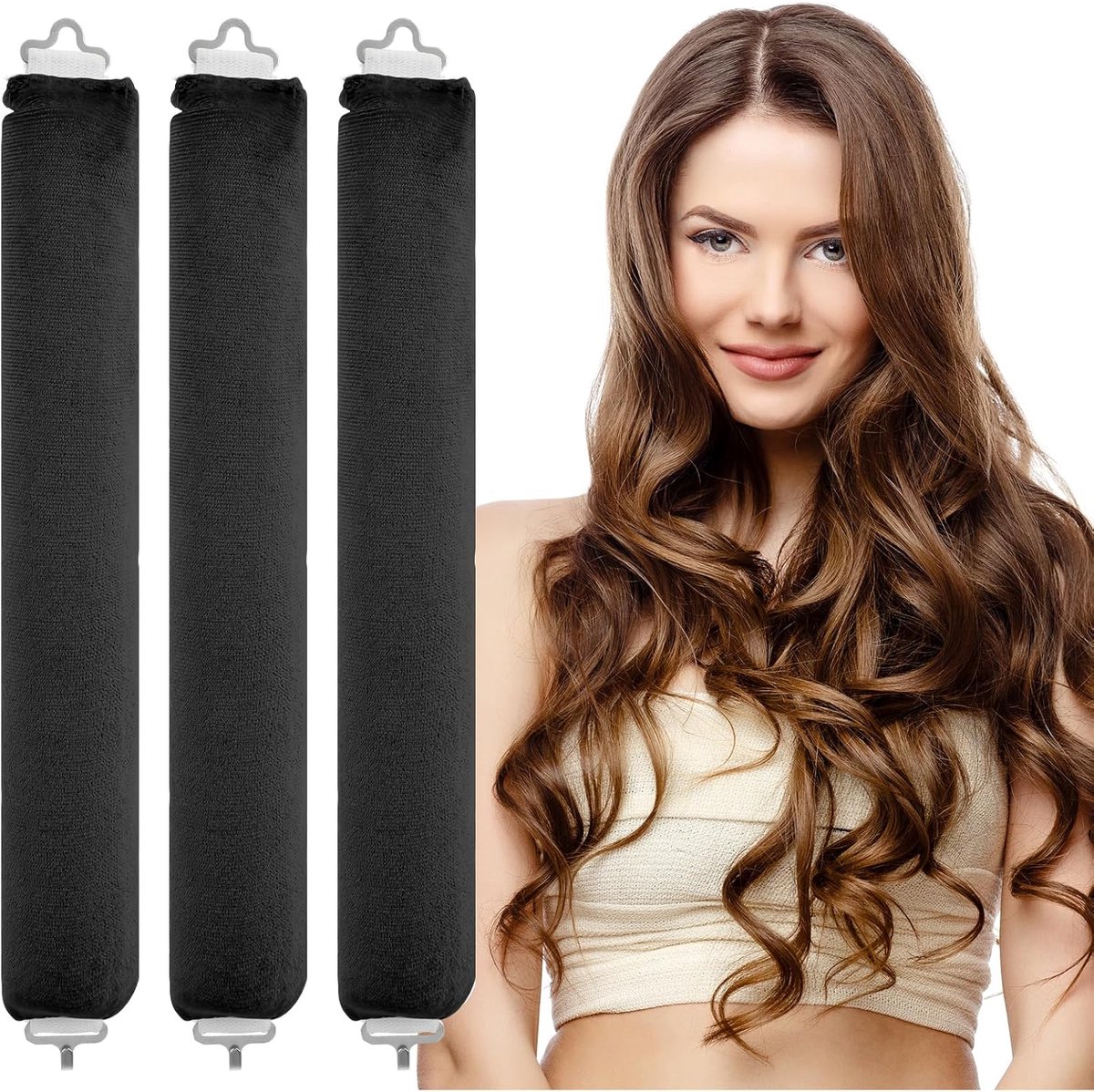 Krulspelden, 3 stuks, hittevrije krulband, 's nachts met haken, overnight blowout krullen zonder hitte, voor alle haartypes (zwart)