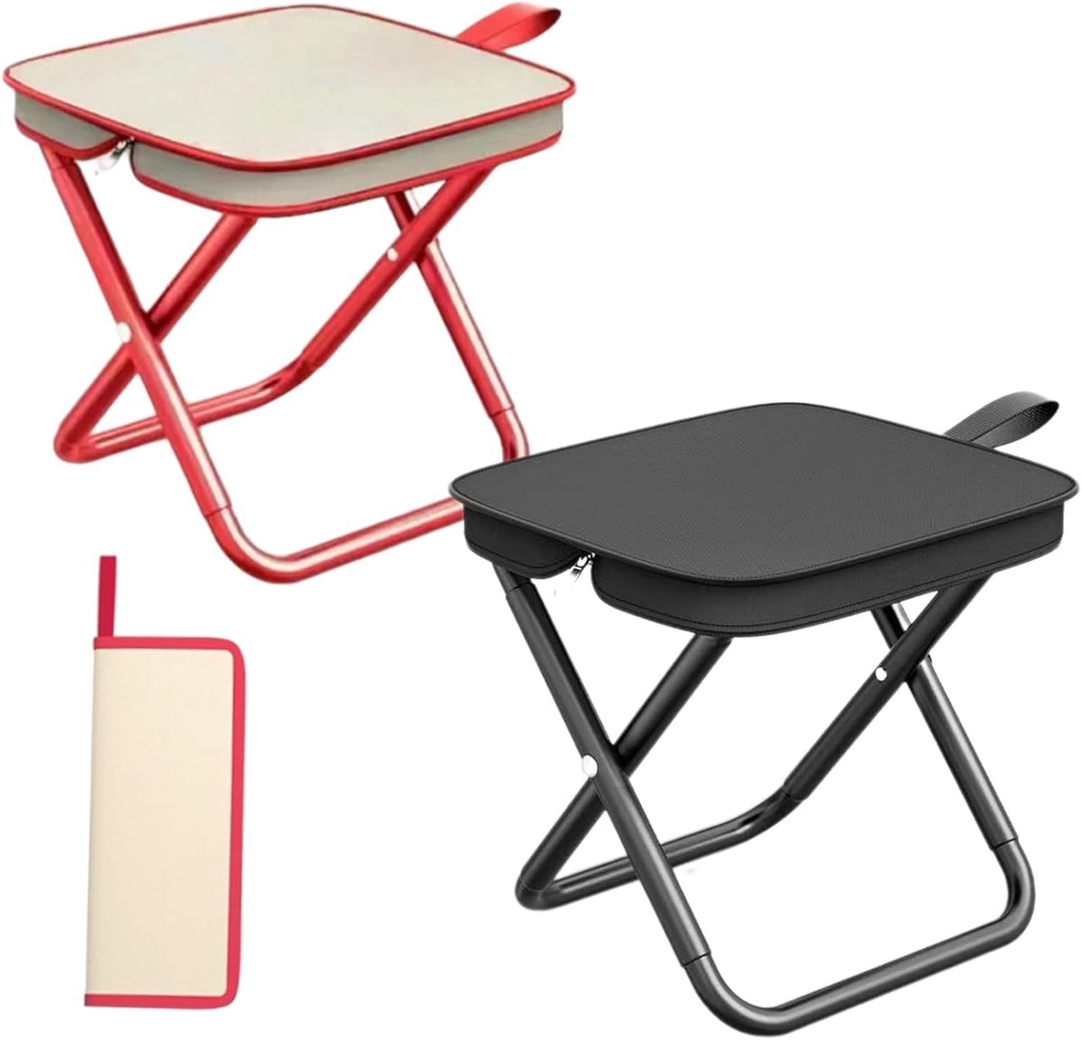 SnelShoppen - Vouwbare Kruk 2 Stuks Camping Kruk Met Staal Frame 80kg Draagvermogen In Zwart En Rood Voor Buiten En Binnen Gebruik