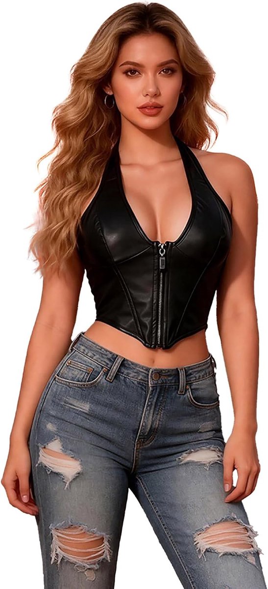 ohyeahlady Korset voor dames, sexy, grote maten, PU-leer, bustier, gothic, rugvrij, korset van leer, party, korset, clubwear, korset, top, mouwloos bovendeel